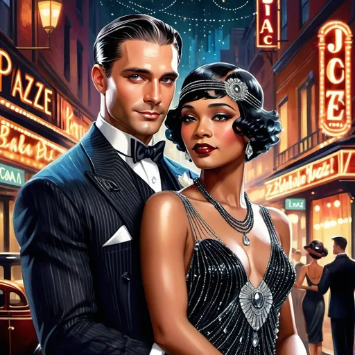 Prompt: Visualize a captivating romance novel cover set in the vibrant 1920s. A handsome man with slicked-back hair and a dapper suit holds a gorgeous black woman adorned in a luxurious flapper dress, accented with shimmering beads and feathers. Their eyes lock in a magnetic gaze, the connection palpable against the backdrop of a bustling jazz club filled with elegantly dressed patrons. Soft golden light bathes the scene, creating an inviting warmth, while a faint shimmer of sequins dances in the air. A saxophonist can be seen in the background, adding musical energy to the atmosphere. The overall style is reminiscent of vintage art deco illustrations, enhancing the timeless elegance of their romance.