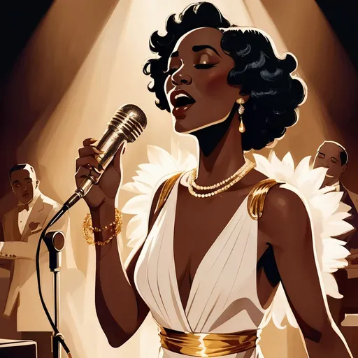 Prompt: A soulful black jazz singer, dressed in a luxurious 1920s style white dress, gold jewelry and a white lily in her fingerwaved hair, stands confidently center stage at the microphone, her voice pouring out like honey as she sings her heart out in a dimly lit, smoke-filled club, the air thick with the scent of cigarette smoke and whiskey, reminiscent of the iconic styles of Erté, Gustav Klimt, and Hopper, with bold, expressive brushstrokes and a muted, film noir-inspired color palette. The overall style is reminiscent of vintage art deco illustrations, enhancing the timeless elegance of their romance.