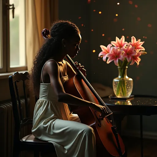 Prompt: In a very dark room a young, beautiful black woman wearing a white satin dress with thin straps and long curly hair craft into an elegant hairstyle sitting on a chair playing the cello. Next to her on a round table, there is a crystal vase with a bouquet of pink lilies. The dim gold light from a window softly illuminates her casting a moody atmosphere. Dust particles float in the air and the rainbow lights dancing on the walls from sunlight reflecting from the crystal vase adding to the ethereal ambiance