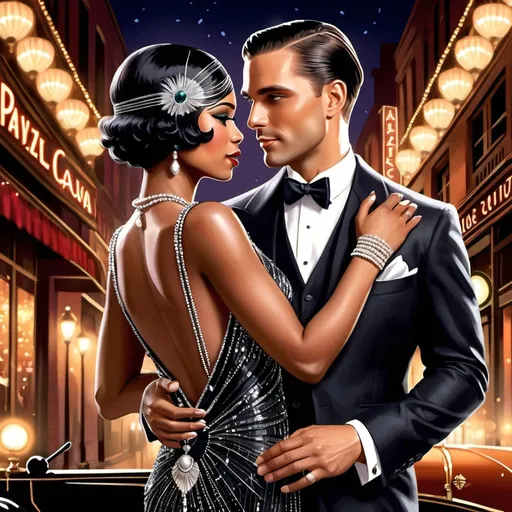 Prompt: Visualize a captivating romance novel cover set in the vibrant 1920s. A handsome man with slicked-back hair and a dapper suit holds a gorgeous black woman adorned in a luxurious flapper dress, accented with shimmering beads and feathers. Their eyes lock in a magnetic gaze, the connection palpable against the backdrop of a bustling jazz club filled with elegantly dressed patrons. Soft golden light bathes the scene, creating an inviting warmth, while a faint shimmer of sequins dances in the air. A saxophonist can be seen in the background, adding musical energy to the atmosphere. The overall style is reminiscent of vintage art deco illustrations, enhancing the timeless elegance of their romance.