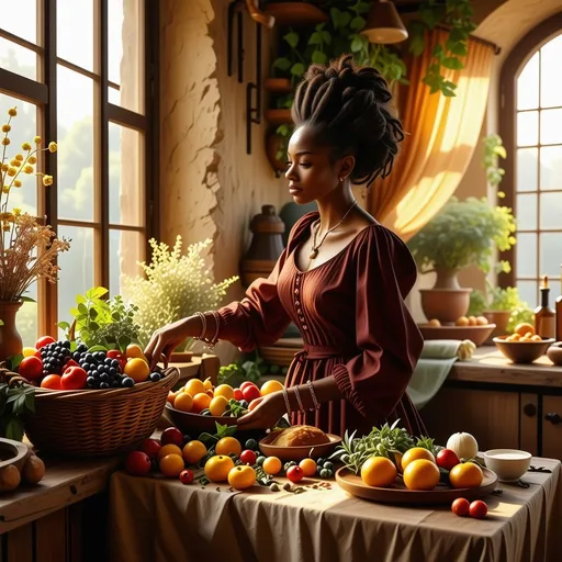 Prompt: A black gentlewoman gets ready to eat the small feast on the small table in her old-fashioned Mediterranean kitchen.