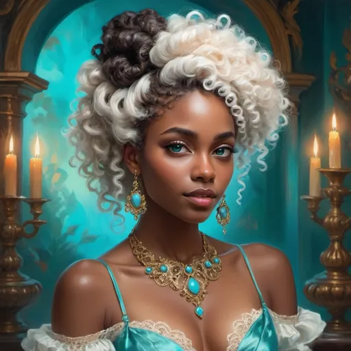 Prompt: (beautiful young black woman), vibrant fantasy style, dark chocolate skin, luxurious white curly/coily hair, striking turquoise eyes, magical atmosphere, enchanting light, whimsical background filled with fantastical elements, lush colors, dreamy vibe, high depth, ultra-detailed, captivating and imaginative composition. Rococo era portrait of a woman, oil painting, luxurious clothing, elaborate hairstyle, ornate jewelry, soft pastel colors, soft and diffused lighting, high quality, detailed brushwork, elegant and refined, opulent setting, intricate lace details, classic beauty, historical art, Rococo style, delicate features, aristocratic charm