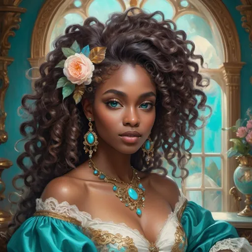 Prompt: (beautiful young black woman), vibrant fantasy style, dark chocolate skin, luxurious white curly/coily hair, striking turquoise eyes, magical atmosphere, enchanting light, whimsical background filled with fantastical elements, lush colors, dreamy vibe, high depth, ultra-detailed, captivating and imaginative composition. Rococo era portrait of a woman, oil painting, luxurious clothing, elaborate hairstyle, ornate jewelry, soft pastel colors, soft and diffused lighting, high quality, detailed brushwork, elegant and refined, opulent setting, intricate lace details, classic beauty, historical art, Rococo style, delicate features, aristocratic charm