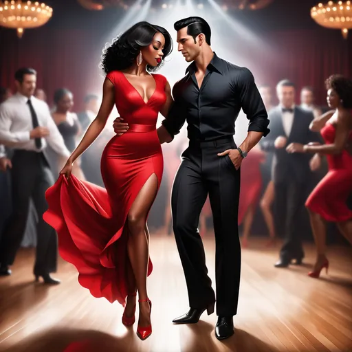 Prompt: A handsome Latino man in a black shirt and slacks with slick black hair dancing the tango with a beautiful black woman with long brown hair, red dress and red heels in a Argentinian style club happily realistic 