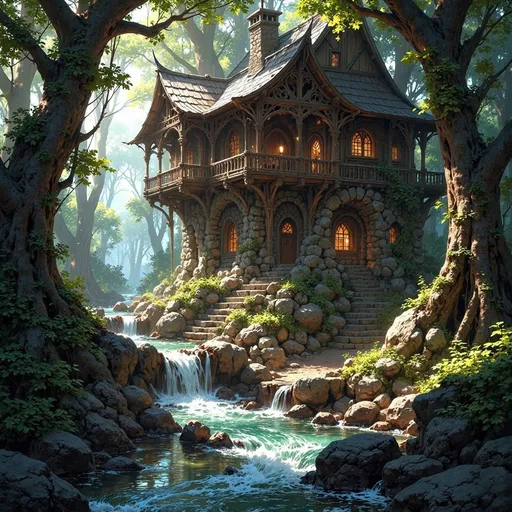 Prompt: Envision a dwelling that emerges gracefully from the heart of an ancient forest, a masterful fusion of sturdy, dark-hewn timber and rugged, unmortared stone, nestled into a natural hollow. Alongside the swelling is a swift, crystal-clear river, its waters shimmering like polished glass as they race over smooth stones, creating the gentle sound of rushing water. Sunlight filters softly through the dense canopy above, casting ethereal patterns on the forest floor, while shafts of golden light illuminate the dwelling’s textured surfaces, enhancing the rich browns and deep grays of the wood and stone. Moss and creeping vines entwine around the structure, as if nature itself is embracing this serene sanctuary. The air is thick with the scent of damp earth and the distant sounds of rustling leaves create a gentle symphony. Consider framing this enchanting scene with cinematic lighting to evoke a sense of tranquility and hidden magic.