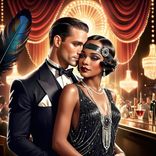 Prompt: Visualize a captivating romance novel cover set in the vibrant 1920s. A handsome man with slicked-back hair and a dapper suit holds a gorgeous black woman adorned in a luxurious flapper dress, accented with shimmering beads and feathers. Their eyes lock in a magnetic gaze, the connection palpable against the backdrop of a bustling jazz club filled with elegantly dressed patrons. Soft golden light bathes the scene, creating an inviting warmth, while a faint shimmer of sequins dances in the air. A saxophonist can be seen in the background, adding musical energy to the atmosphere. The overall style is reminiscent of vintage art deco illustrations, enhancing the timeless elegance of their romance.