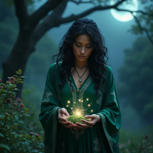 Prompt: In a mystical twilight setting, a beautiful black witch, draped in flowing emerald robes adorned with intricate silver runes, gracefully tends to her enchanting witch garden. The air is thick with the scent of herbs and blooming nocturnal flowers, their petals shimmering under the soft glow of a crescent moon. Wisps of ethereal mist curl around her as she gently gathers glistening herbs and luminous crystals, their colors vibrant against the deep indigo sky. Her expressive face, framed by cascading, dark curls, displays a serene yet determined aura, hinting at the power she wields. In the background, ancient trees bend slightly, as though paying homage to her presence. The atmosphere is imbued with a sense of magic and quiet reverence, rendered in cinematic lighting and rich, vibrant colors that capture the enchanting essence of her world.