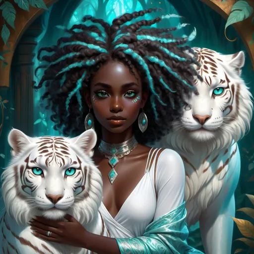 Prompt: (beautiful young black woman), full body, vibrant fantasy style, dark chocolate skin, luxurious white curly/coily hair, striking turquoise eyes, pet white owl and white tiger, magical atmosphere, enchanting light, whimsical background filled with fantastical elements, lush colors, dreamy vibe, high depth, ultra-detailed, captivating and imaginative composition.