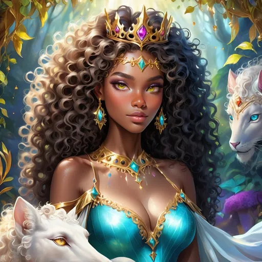 Prompt: (beautiful young black woman), vibrant fantasy style, full body, dark chocolate skin, luxurious white curly/coily hair, striking gold eyes, a crown, magical atmosphere, enchanting light, whimsical background filled with fantastical elements, lush colors, dreamy vibe, high depth, ultra-detailed, captivating and imaginative composition.