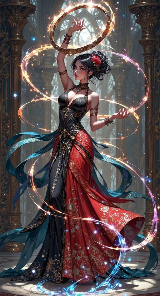 Prompt: A dancer in a stunning, flowing red gown adorned with intricate floral patterns captivates the scene, her intense expression and graceful movement exuding passion and confidence. She skillfully balances a circular tambourine above her head while her other arm is elegantly outstretched, creating a dynamic composition that draws the eye. The backdrop is softly blurred with hints of ornate architecture, suggesting an intimate indoor setting, perhaps in a historic hall. Rich, warm colors dominate the image, enhanced by dramatic lighting that highlights the shimmering details of her attire and the ethereal quality of the moment. The overall mood conveys a sense of celebration and artistry, inviting the viewer to experience the joy of dance.