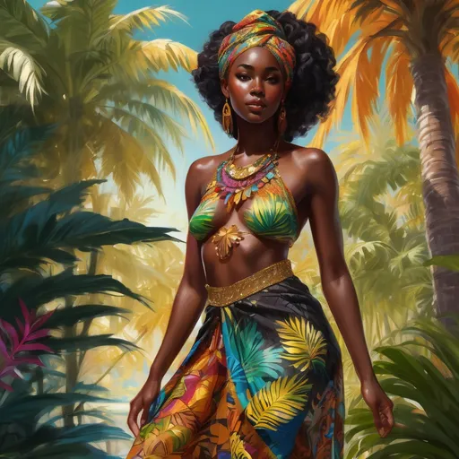 Prompt: A full-body, highly detailed fantasy illustration of a beautiful 21-year-old black noble woman with radiant black skin, standing gracefully in a lush tropical garden bathed in warm, dappled sunlight filtering through towering palm trees. She wears a vibrant, colorful African-style garment with intricate patterns that flow elegantly around her, accented by delicate gold and beaded jewelry that glints softly. Her elegant hairstyle is styled with intricate braids and adornments, enhancing her regal presence. Her expression is shy and bashful, eyes cast downward with a gentle blush. The scene exudes a rich, magical atmosphere, with lush greenery, blooming tropical flowers, and a sense of serene enchantment. Rendered in a cinematic, photorealistic style with vibrant colors, fine details, and soft lighting to evoke an RPG-fantasy mood..
