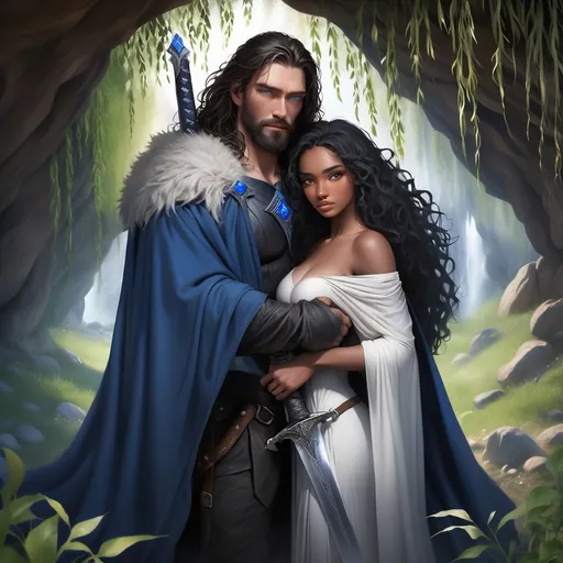 Prompt: In a mystical world, a tall rugged handsome white man with long black hair and beard and deep blue eyes stands watchfully with sword in hand as he guards his beautiful black lover with deep brown skin and mass of curly hair as she sleeps cover by his cloak. They hide in a cave covered by willow trees. 