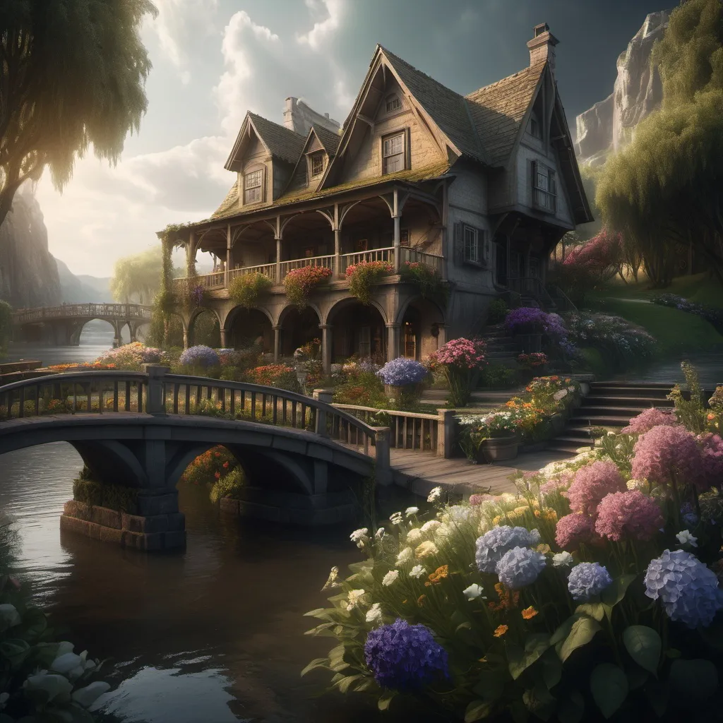 Prompt: House with a large porch, window flowers,  bridge and river, dramatic fantasy settlement scene, cinematic lighting