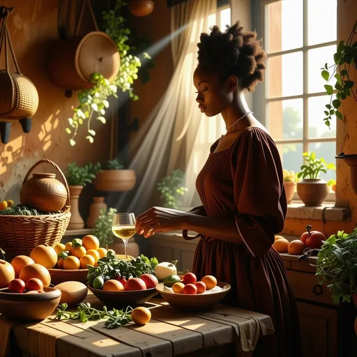Prompt: In a sun-drenched, old-fashioned Mediterranean kitchen, a poised black gentlewoman prepares to enjoy a small feast set before her on a rustic wooden table. The walls, painted in warm terracotta hues, are adorned with woven baskets and dried herbs, while sunlight pours in through a dusty window, casting soft, golden rays that illuminate her graceful figure. She wears a flowing, elegant dress, its deep burgundy folds highlighted by the light. Her expression is one of serene anticipation as she gently touches the vibrant array of fresh fruits, crusty bread, and fragrant cheeses. The faint sound of birds chirping outside adds a harmonious backdrop to this intimate setting. The scene captures a moment of calm luxury, perfect for a cinematic lighting style that enhances the warmth and texture of this serene culinary retreat.