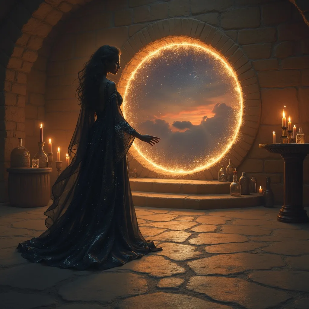 Prompt: Visualize a beautiful black witch, her skin glowing like polished obsidian, stepping gracefully through a shimmering, iridescent portal in her dimly lit basement. The air around her crackles with the energy of magic, dust motes illuminated by the flickering light of enchanted candles lining the stone walls. She wears an elegantly flowing robe adorned with celestial patterns, swirling with shades of midnight blue and silver. Her hair cascades down her shoulders like a waterfall of curls, framing her face, which is set with a confident yet serene expression. The basement itself is filled with arcane artifacts and potion vials, casting shadows that dance in the warm light. Outside the portal, a twilight sky hints at a magical realm, suffusing the scene with an otherworldly glow. This ethereal moment is captured in a dark fantasy concept art style, rich with detail and atmospheric depth.