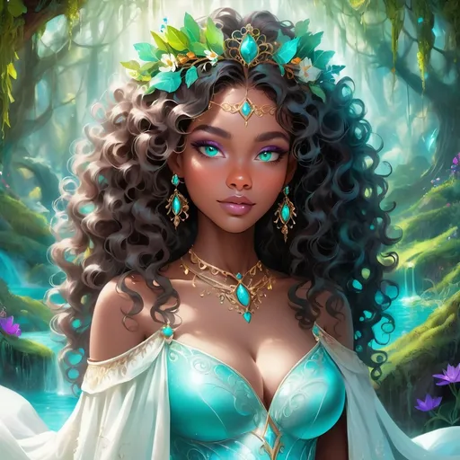 Prompt: (beautiful young black woman), vibrant fantasy style, dark chocolate skin, luxurious white curly/coily hair, striking turquoise eyes, a diadem, magical atmosphere, enchanting light, whimsical background filled with fantastical elements, lush colors, dreamy vibe, high depth, ultra-detailed, captivating and imaginative composition.