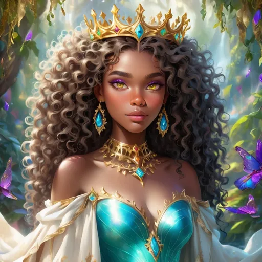 Prompt: (beautiful young black woman), vibrant fantasy style, full body, dark chocolate skin, luxurious white curly/coily hair, striking gold eyes, a crown, magical atmosphere, enchanting light, whimsical background filled with fantastical elements, lush colors, dreamy vibe, high depth, ultra-detailed, captivating and imaginative composition.