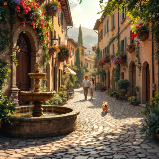 Prompt: A picturesque Italian village alcove, bathed in the warm golden light of late afternoon sun, casts long shadows across the cobblestone stones. A classic stone fountain, with water cascading gently over moss-covered edges, creates a soothing melody amidst the pleasant hum of nearby conversations. Each window held colorful window boxes overflow with blooming flowers in vibrant reds, yellows, and blues, their petals fluttering in a soft breeze that carries the delicate scent of lavender and rosemary. A couple strolls hand-in-hand, their laughter mingling with the sound of the water, while a small child chases after a playful dog, their joy painting the scene with life. This enchanting atmosphere could be beautifully captured in a cinematic, photorealistic style, showcasing the village's charm and tranquility.