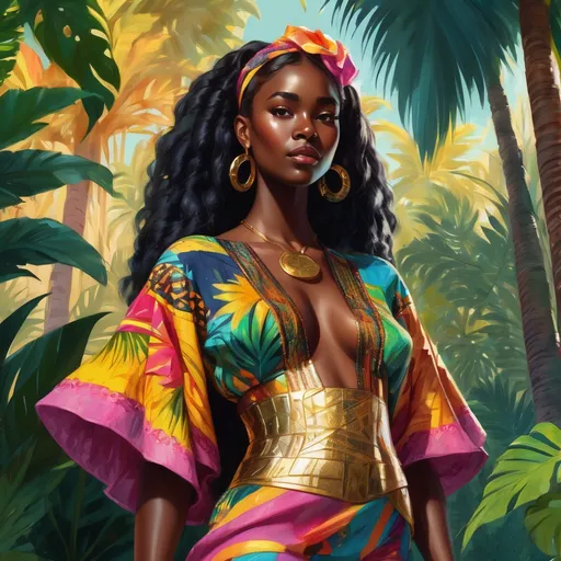 Prompt: A full-body, highly detailed fantasy illustration of a beautiful 21-year-old black noble woman with radiant black skin, standing gracefully in a lush tropical garden bathed in warm, dappled sunlight filtering through towering palm trees. She wears a vibrant, colorful African-style garment with intricate patterns that flow elegantly around her, accented by delicate gold and beaded jewelry that glints softly. Her elegant hairstyle is styled with intricate braids and adornments, enhancing her regal presence. Her expression is shy and bashful, eyes cast downward with a gentle blush. The scene exudes a rich, magical atmosphere, with lush greenery, blooming tropical flowers, and a sense of serene enchantment. Rendered in a cinematic, photorealistic style with vibrant colors, fine details, and soft lighting to evoke an RPG-fantasy mood..