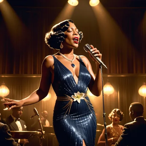 Prompt: A soulful black jazz singer, dressed in a luxurious 1920s style sapphire dress, gold jewelry and a white lily in her fingerwaved hair, stands confidently center stage at the microphone, her voice pouring out like honey as she sings her heart out in a dimly lit, smoke-filled club, the air thick with the scent of cigarette smoke and whiskey, reminiscent of the iconic styles of Erté, Gustav Klimt, and Hopper, with bold, expressive brushstrokes and a muted, film noir-inspired color palette. The overall style is reminiscent of vintage art deco illustrations, enhancing the timeless elegance of their romance.