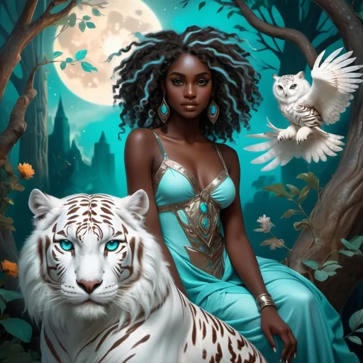 Prompt: (beautiful young black woman), full body, vibrant fantasy style, dark chocolate skin, luxurious white curly/coily hair, striking turquoise eyes, pet white owl and pet white tiger, magical atmosphere, enchanting light, whimsical background filled with fantastical elements, lush colors, dreamy vibe, high depth, ultra-detailed, captivating and imaginative composition.