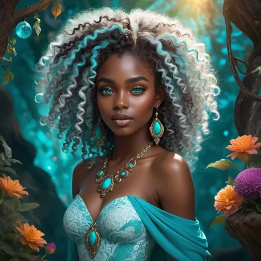 Prompt: (beautiful young black woman), vibrant fantasy style, dark chocolate skin, luxurious white curly/coily hair, striking turquoise eyes, full body, magical atmosphere, enchanting light, whimsical background filled with fantastical elements, lush colors, dreamy vibe, high depth, ultra-detailed, captivating and imaginative composition.