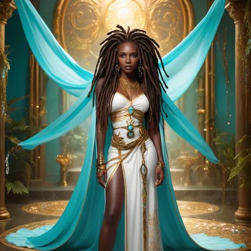 Prompt: (beautiful young black woman), vibrant fantasy style, dark chocolate skin, long luxurious black dread locs wrapped in jeweled chain, striking gold eyes, full body, her dress robes are flowing white & aqua and have gold embroidery, magical atmosphere, enchanting light, whimsical background filled with fantastical elements, lush colors, dreamy vibe, high depth, ultra-detailed, captivating and imaginative composition.