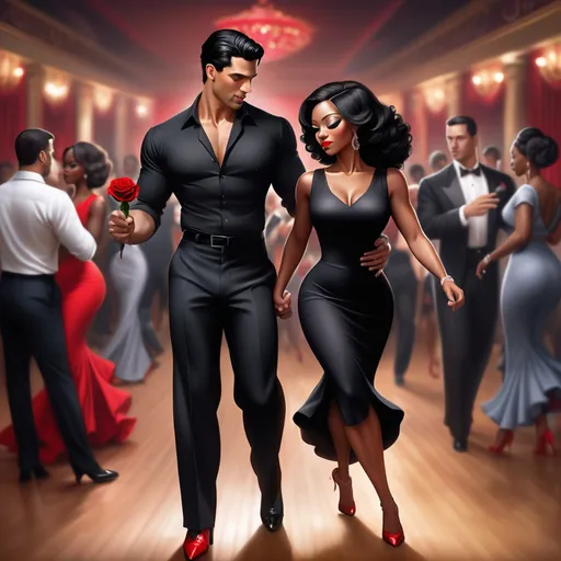 Prompt: A dashing Latino man with slick black hair dons a fitted black shirt and tailored slacks, exuding confidence as he leads a beautifully graceful black woman across the dance floor. She wears a matching black dress that flows elegantly around her as she moves, accentuated by her bold red heels and red rose in her hair. The dimly lit Argentinian-style club is alive with a warm, inviting atmosphere, where rustic wooden beams and vibrant murals hint at a rich cultural tapestry. Soft golden lights cast gentle shadows, illuminating the couple as they dance passionately, their eyes locked in a joyful connection. The vibrant sounds of the tango envelop them, transporting onlookers to a world of romance and rhythm. This scene captures the essence of life and dance in a cinematic, photorealistic style. 