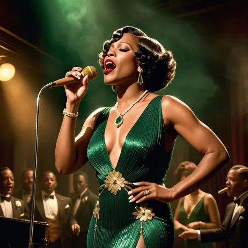 Prompt: A soulful black jazz singer, dressed in a luxurious 1920s style emerald dress, gold jewelry and a white lily in her fingerwaved hair, stands confidently center stage at the microphone, her voice pouring out like honey as she sings her heart out in a dimly lit, smoke-filled club, the air thick with the scent of cigarette smoke and whiskey, reminiscent of the iconic styles of Erté, Gustav Klimt, and Hopper, with bold, expressive brushstrokes and a muted, film noir-inspired color palette. The overall style is reminiscent of vintage art deco illustrations, enhancing the timeless elegance of their romance.