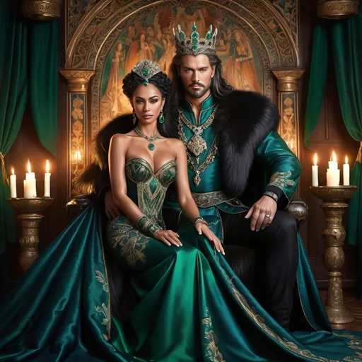 Prompt: Amidst a lavish, candlelit hall adorned with intricate tapestries depicting tales of valor, sits a Northern King, regal in his rich, dark furs, his piercing blue eyes reflecting the flickering candlelight. Across from him is his enchanting black Queen, draped in an elegant gown of deep emerald, her expressive eyes shimmering like jade, capturing the warmth of the moment. The long wooden table, beautifully set with fine porcelain and glistening silverware, is laden with an exquisite feast, the steam rising from the dishes merging with the golden glow surrounding them. Outside, a gentle snowfall blankets the land, the soft sound of wind harmonizing with their joyful laughter, creating a setting both intimate and majestic. The atmosphere is enchanting, captured in a cinematic, photorealistic style.
