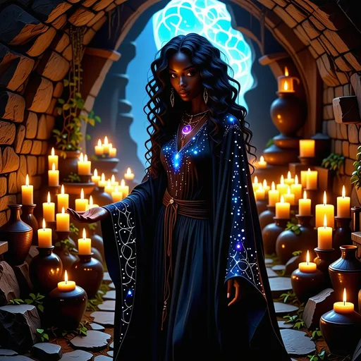 Prompt: Visualize a beautiful black witch, her skin glowing like polished obsidian, stepping gracefully through a shimmering, iridescent portal in her dimly lit basement. The air around her crackles with the energy of magic, dust motes illuminated by the flickering light of enchanted candles lining the stone walls. She wears an elegantly flowing robe adorned with celestial patterns, swirling with shades of midnight blue and silver. Her hair cascades down her shoulders like a waterfall of curls, framing her face, which is set with a confident yet serene expression. The basement itself is filled with arcane artifacts and potion vials, casting shadows that dance in the warm light. Outside the portal, a twilight sky hints at a magical realm, suffusing the scene with an otherworldly glow. The atmosphere is imbued with a sense of magic and quiet reverence, rendered in cinematic lighting and rich, vibrant colors that capture the enchanting essence of her world.
