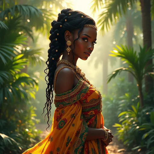 Prompt: Full body, Fantasy illustration of a black female noble woman, 21 years old, beautiful, black skin, elegant hairstyle, colorfull and elegant african-style garment, delicate jewellery, shamefull expression, high quality, rpg-fantasy, detailed, in a tropical garden