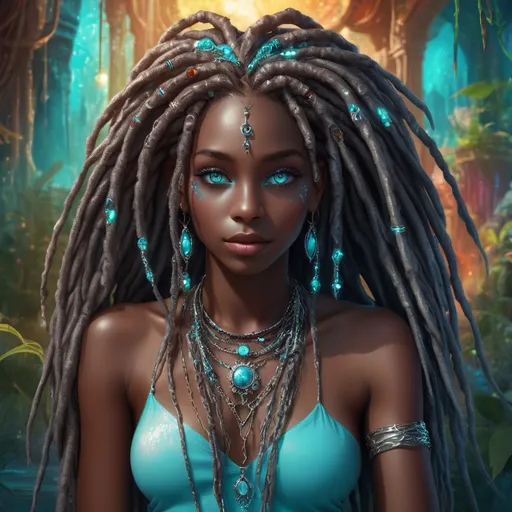 Prompt: (beautiful young black woman), vibrant fantasy style, dark chocolate skin, long luxurious silver dread locs wrapped in jeweled chain, striking turquoise eyes, magical atmosphere, enchanting light, whimsical background filled with fantastical elements, lush colors, dreamy vibe, high depth, ultra-detailed, captivating and imaginative composition.