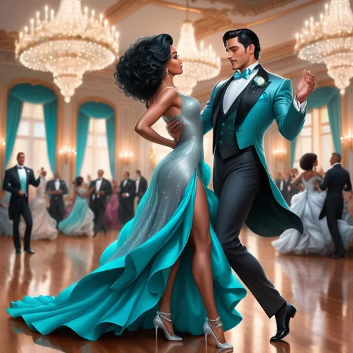 Prompt: A handsome Latino man in a grey tuxedo with slick black hair dancing with a beautiful black woman with long brown hair,  turquoise dress and silver heels in a Victorian style ballroom happily realistic 