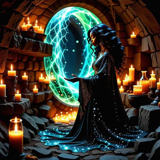 Prompt: Visualize a beautiful black witch, her skin glowing like polished obsidian, stepping gracefully through a shimmering, iridescent portal in her dimly lit basement. The air around her crackles with the energy of magic, dust motes illuminated by the flickering light of enchanted candles lining the stone walls. She wears an elegantly flowing robe adorned with celestial patterns, swirling with shades of midnight blue and silver. Her hair cascades down her shoulders like a waterfall of curls, framing her face, which is set with a confident yet serene expression. The basement itself is filled with arcane artifacts and potion vials, casting shadows that dance in the warm light. Outside the portal, a twilight sky hints at a magical realm, suffusing the scene with an otherworldly glow. The atmosphere is imbued with a sense of magic and quiet reverence, rendered in cinematic lighting and rich, vibrant colors that capture the enchanting essence of her world.