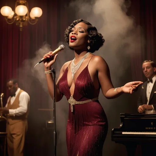 Prompt: A soulful black jazz singer, dressed in a luxurious 1920s style ruby dress, gold jewelry and a white lily in her fingerwaved hair, stands confidently center stage at the microphone, her voice pouring out like honey as she sings her heart out in a dimly lit, smoke-filled club, the air thick with the scent of cigarette smoke and whiskey, reminiscent of the iconic styles of Erté, Gustav Klimt, and Hopper, with bold, expressive brushstrokes and a muted, film noir-inspired color palette. The overall style is reminiscent of vintage art deco illustrations, enhancing the timeless elegance of their romance.