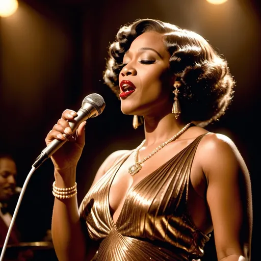 Prompt: A soulful black jazz singer, dressed in a luxurious 1920s style bronze dress, gold jewelry and a white lily in her fingerwaved hair, stands confidently center stage at the microphone, her voice pouring out like honey as she sings her heart out in a dimly lit, smoke-filled club, the air thick with the scent of cigarette smoke and whiskey, reminiscent of the iconic styles of Erté, Gustav Klimt, and Hopper, with bold, expressive brushstrokes and a muted, film noir-inspired color palette. The overall style is reminiscent of vintage art deco illustrations, enhancing the timeless elegance of their romance.