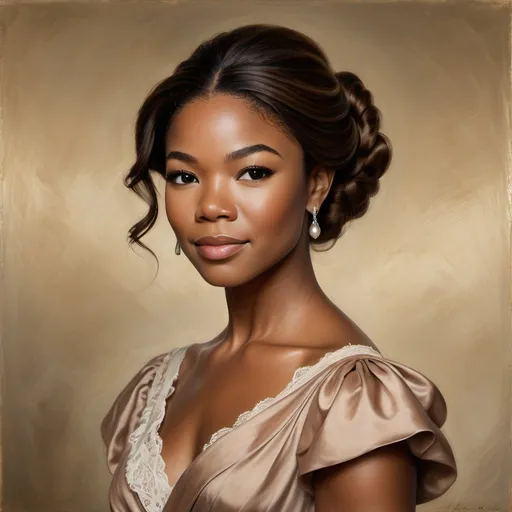 Prompt: Regency era portrait of Gabrielle Union, as a beautiful elegant woman with brown wavy hair trailing over the shoulder, oil painting, upper class Regency period clothing, simple, subtle colors, soft and diffused lighting, high quality, detailed brushwork, elegant and refined, classic beauty, historical art, Baroque style, aristocratic charm, Michael Dahl