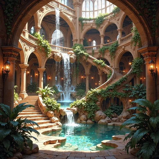 Prompt: A lush, inviting atrium unfolds before you, featuring multiple cascading waterfalls that flow over natural rock formations into a tranquil pool. Sunlight filters through expansive arched windows, illuminating the warm earthy tones of the stucco walls and the intricately designed railings that grace the winding staircase. Verdant plants thrive throughout the space, adding vibrant greenery to the rustic decor, while elegant chandeliers cast a soft glow that enhances the serene atmosphere. The combination of water sounds and rich textures creates a peaceful sanctuary that feels both luxurious and harmonious with nature, inviting exploration and relaxation.