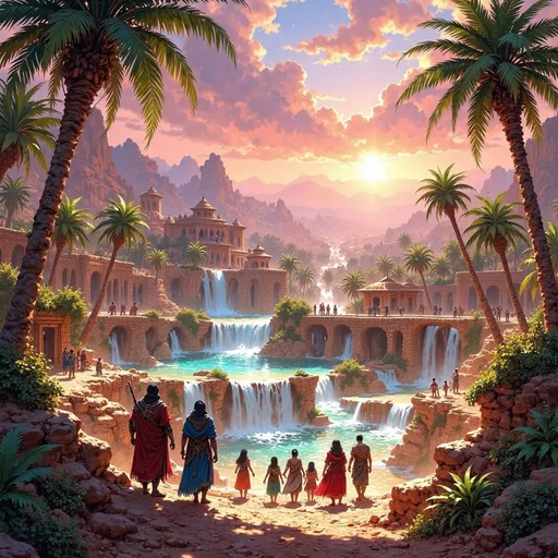 Prompt: In a sprawling, golden desert, a magnificent kingdom rises majestically at the edge of a lush oasis. Towering palm trees with vibrant green foliage encircle a crystal-clear water spring, from which glistening waterfalls cascade, their gentle roar harmonizing with the whispers of the wind. The sky above is a canvas of swirling pinks and deep purples as the sun sets, casting dramatic shadows across the vibrant settlement nestled against the oasis. A colorful traveling caravan winds its way through the scene, adorned with richly woven fabrics and exotic goods, with a diverse group of travelers animatedly exchanging stories. The atmosphere is alive with a palpable sense of adventure and camaraderie, all captured in striking cinematic lighting that emphasizes the contrasts between the vibrant oasis and the surrounding arid landscape.