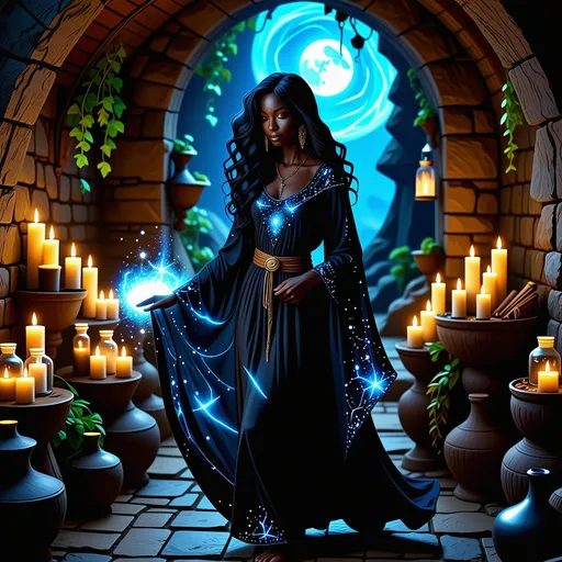 Prompt: Visualize a beautiful black witch, her skin glowing like polished obsidian, stepping gracefully through a shimmering, iridescent portal in her dimly lit basement. The air around her crackles with the energy of magic, dust motes illuminated by the flickering light of enchanted candles lining the stone walls. She wears an elegantly flowing robe adorned with celestial patterns, swirling with shades of midnight blue and silver. Her hair cascades down her shoulders like a waterfall of curls, framing her face, which is set with a confident yet serene expression. The basement itself is filled with arcane artifacts and potion vials, casting shadows that dance in the warm light. Outside the portal, a twilight sky hints at a magical realm, suffusing the scene with an otherworldly glow. The atmosphere is imbued with a sense of magic and quiet reverence, rendered in cinematic lighting and rich, vibrant colors that capture the enchanting essence of her world.