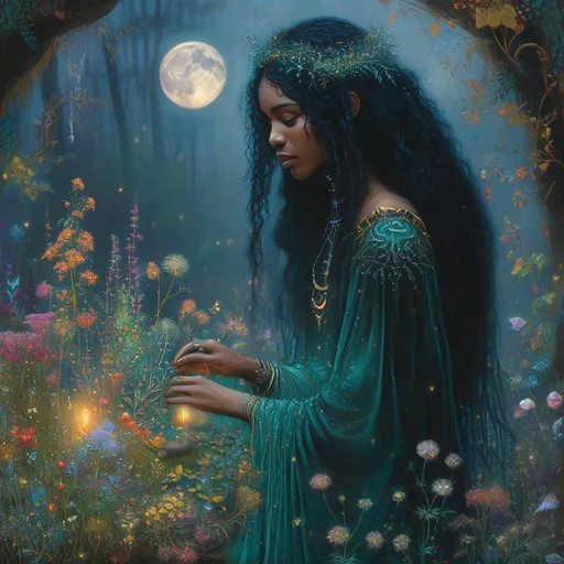 Prompt: In a mystical twilight setting, a beautiful black witch, draped in flowing emerald robes adorned with intricate silver runes that complements her radiant deep brown skin, gracefully tends to her enchanting witch garden. The air is thick with the scent of herbs and blooming nocturnal flowers, their petals shimmering under the soft glow of a crescent moon. Wisps of ethereal mist curl around her as she gently gathers glistening herbs and luminous crystals, their colors vibrant against the deep indigo sky. Her expressive face, framed by cascading, dark curls, displays a serene yet determined aura, hinting at the power she wields. In the background, ancient trees bend slightly, as though paying homage to her presence. The atmosphere is imbued with a sense of magic and quiet reverence, rendered in cinematic lighting and rich, vibrant colors that capture the enchanting essence of her world.
