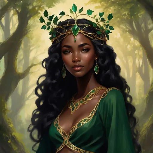 Prompt: A beautiful black woman with amber eyes wore a gown of deep forest green, simple in cut but intricately embroidered with symbols of growing things – winding vines, delicate moonpetal, and the majestic Eldorian oak. Her crown was a **delicate, interwoven circlet of polished Eldorian bronze**, shaped like twin branches reaching skyward, adorned with a single, clear river stone at its fore. pre-Raphaelite time-lapse motion blur, High resolution, detailed portrait, ethereal atmosphere, black locs, dark brown skin, red lips, captivating eyes, cosmic mystical aura, vibrant colors, soft lighting, professional, digital painting, enchanting presence, fantasy, dreamy, female, mystical, detailed hair, captivating gaze, professional lighting, hyper realistic, HD 4k 3D, professional modeling, ethereal, gorgeous face, ambient divine glow, detailed and intricate, elegant, ethereal, mythical, goddess, radiant lighting,