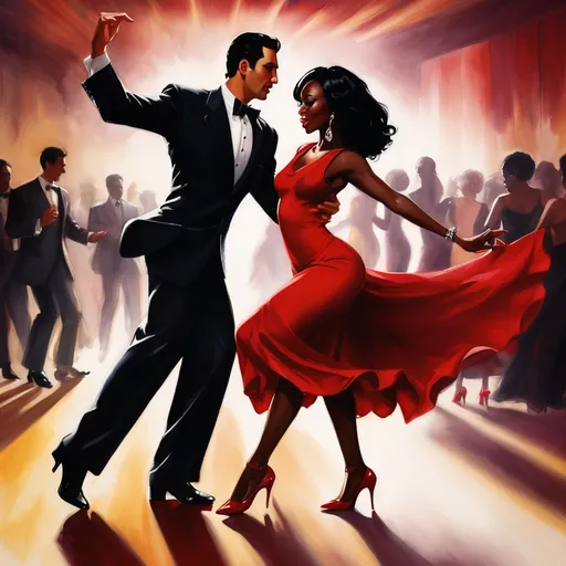 Prompt: A dashing Latino man with slick black hair dons a fitted black shirt and tailored slacks, exuding confidence as he leads a beautifully graceful black woman across the dance floor. She wears a striking red dress that flows elegantly around her as she moves, accentuated by her bold red heels. The dimly lit Argentinian-style club is alive with a warm, inviting atmosphere, where rustic wooden beams and vibrant murals hint at a rich cultural tapestry. Soft golden lights cast gentle shadows, illuminating the couple as they dance passionately, their eyes locked in a joyful connection. The vibrant sounds of the tango envelop them, transporting onlookers to a world of romance and rhythm. This scene captures the essence of life and dance in a cinematic, photorealistic style. 