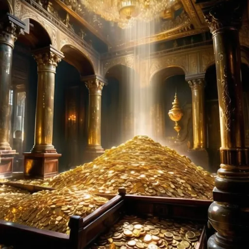 Prompt: Gold ingots, bricks, coins, artifacts, glittering gems and jewels, piles of gold overflowing in the vast halls on multiple stories, full trunks of treasure on the first floor,