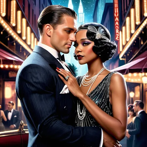 Prompt: Romance novel style book cover with a handsome man holding a gorgeous black woman, 1920s style outfits and background. Interracial couple.