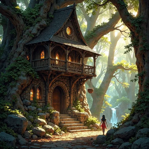 Prompt: Envision a ginormous dwelling that emerges gracefully from the heart of an ancient forest, a masterful fusion of sturdy, dark-hewn timber and rugged, unmortared stone, nestled into a bass of a moss-covered granite cliff. Alongside the swelling is a swift, crystal-clear river, its waters shimmering like polished glass as they race over smooth stones, creating the gentle sound of rushing water. Sunlight filters softly through the dense canopy above, casting ethereal patterns on the forest floor, while shafts of golden light illuminate the dwelling’s textured surfaces, enhancing the rich browns and deep grays of the wood and stone. Moss and creeping vines entwine around the structure, as if nature itself is embracing this serene sanctuary. The air is thick with the scent of damp earth and the distant sounds of rustling leaves create a gentle symphony. A young beautiful woman carries a basket on her basket, helping her parents with their garden harvest. Consider framing this enchanting scene with cinematic lighting to evoke a sense of tranquility and hidden magic.