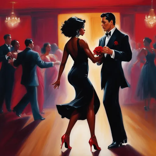 Prompt: A dashing Latino man with slick black hair dons a fitted black shirt and tailored slacks, exuding confidence as he leads a beautifully graceful black woman across the dance floor. She wears a matching black dress that flows elegantly around her as she moves, accentuated by her bold red heels and red rose in her hair. The dimly lit Argentinian-style club is alive with a warm, inviting atmosphere, where rustic wooden beams and vibrant murals hint at a rich cultural tapestry. Soft golden lights cast gentle shadows, illuminating the couple as they dance passionately, their eyes locked in a joyful connection. The vibrant sounds of the tango envelop them, transporting onlookers to a world of romance and rhythm. This scene captures the essence of life and dance in a cinematic, photorealistic style. 