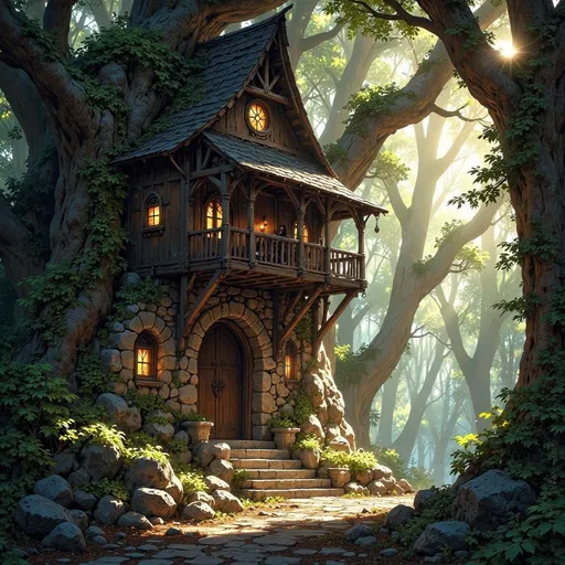 Prompt: Envision a dwelling that emerges gracefully from the heart of an ancient forest, a masterful fusion of sturdy, dark-hewn timber and rugged, unmortared stone, nestled into a baae of a moss-covered granite cliff. Sunlight filters softly through the dense canopy above, casting ethereal patterns on the forest floor, while shafts of golden light illuminate the dwelling’s textured surfaces, enhancing the rich browns and deep grays of the wood and stone. Moss and creeping vines entwine around the structure, as if nature itself is embracing this serene sanctuary. The air is thick with the scent of damp earth and the distant sounds of rustling leaves create a gentle symphony. Consider framing this enchanting scene with cinematic lighting to evoke a sense of tranquility and hidden magic.