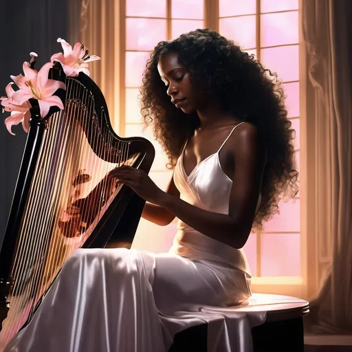 Prompt: In a very dark room a young, beautiful black woman wearing a white satin dress with thin straps and long curly hair craft into an elegant hairstyle sitting on a chair playing the harp. Next to her on a round table, there is a crystal vase with a bouquet of pink lilies. The dim gold light from a window softly illuminates her casting a moody atmosphere. Dust particles float in the air and the rainbow lights dancing on the walls from sunlight reflecting from the crystal vase adding to the ethereal ambiance